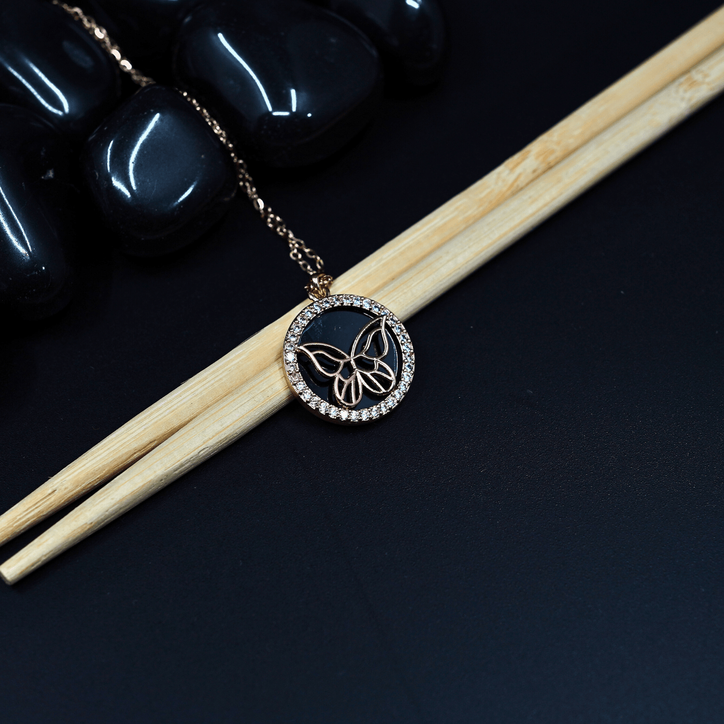 Eternal Flutter: Demi Fine Anti-Tarnish Butterfly Pendant Necklace with Galaxy-Inspired Black Stone - The Soul Jewellery