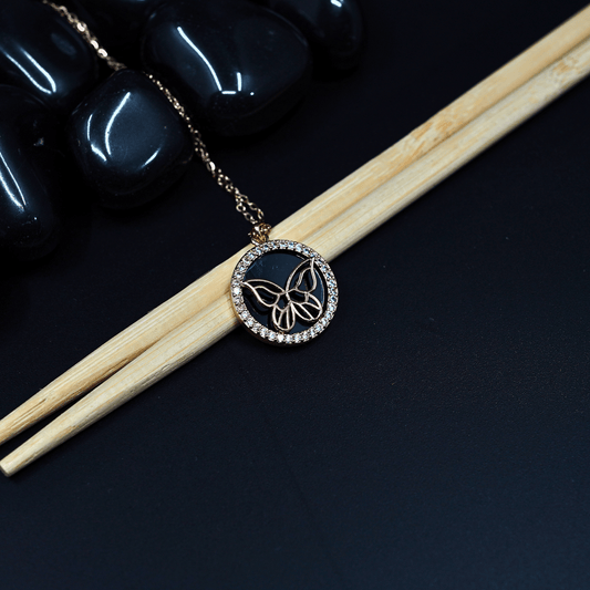 Eternal Flutter: 18K Gold - Plated, Anti - Tarnish Butterfly Pendant Necklace with Galaxy - Inspired Black Stone ATCP109 - The Soul Jewellery