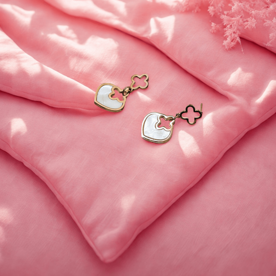 Celestial Clover Aura 6™ Rose Gold Mother of Pearl Heart Drop Demi Fine Earrings for Women - The Soul Jewellery