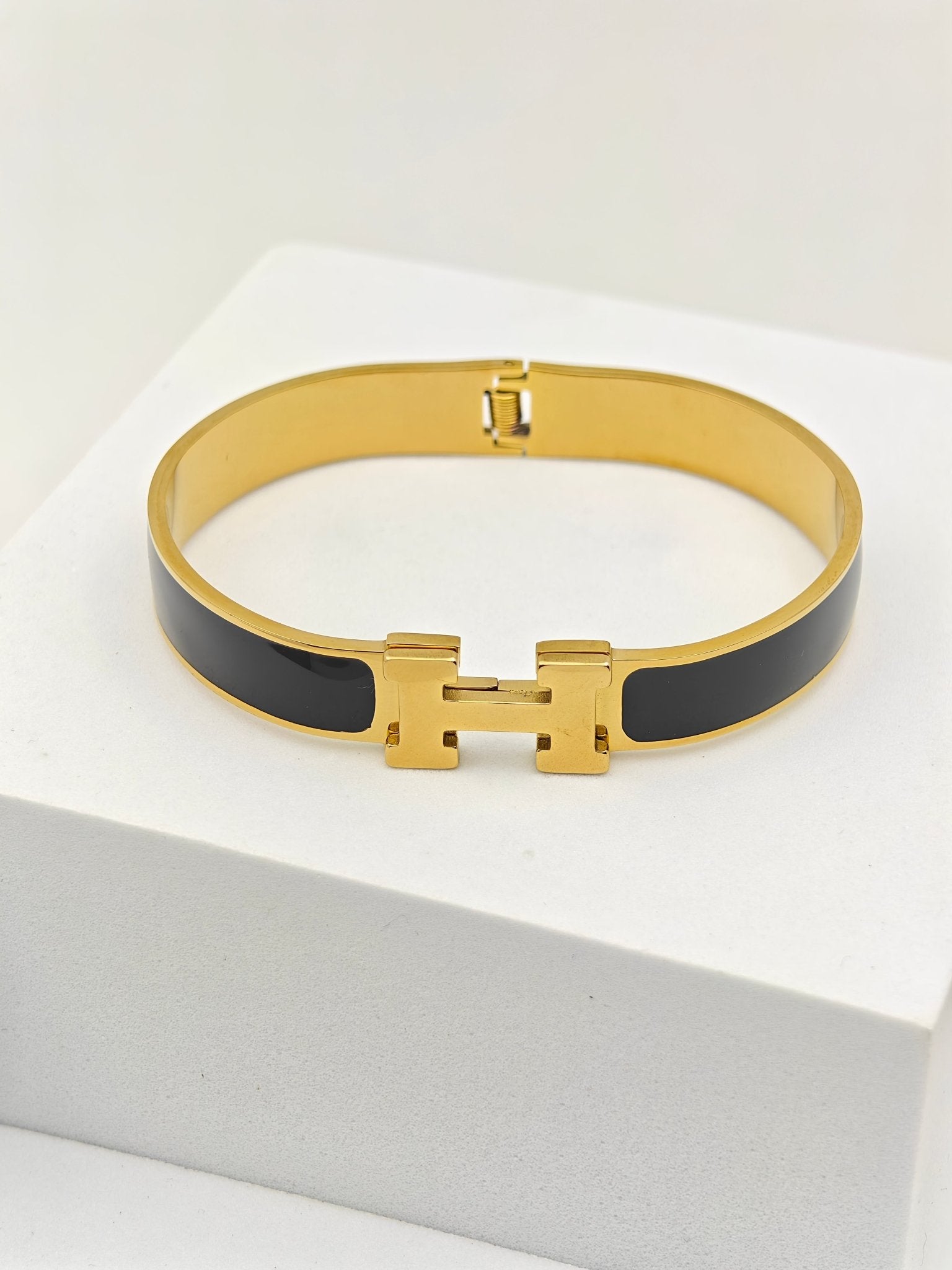 Imperial Prosperity 8™ Black Enamel H Bracelet | 18K Gold Plated AntiTarnish Demi-Fine Kada Bracelet - The Soul Jewellery