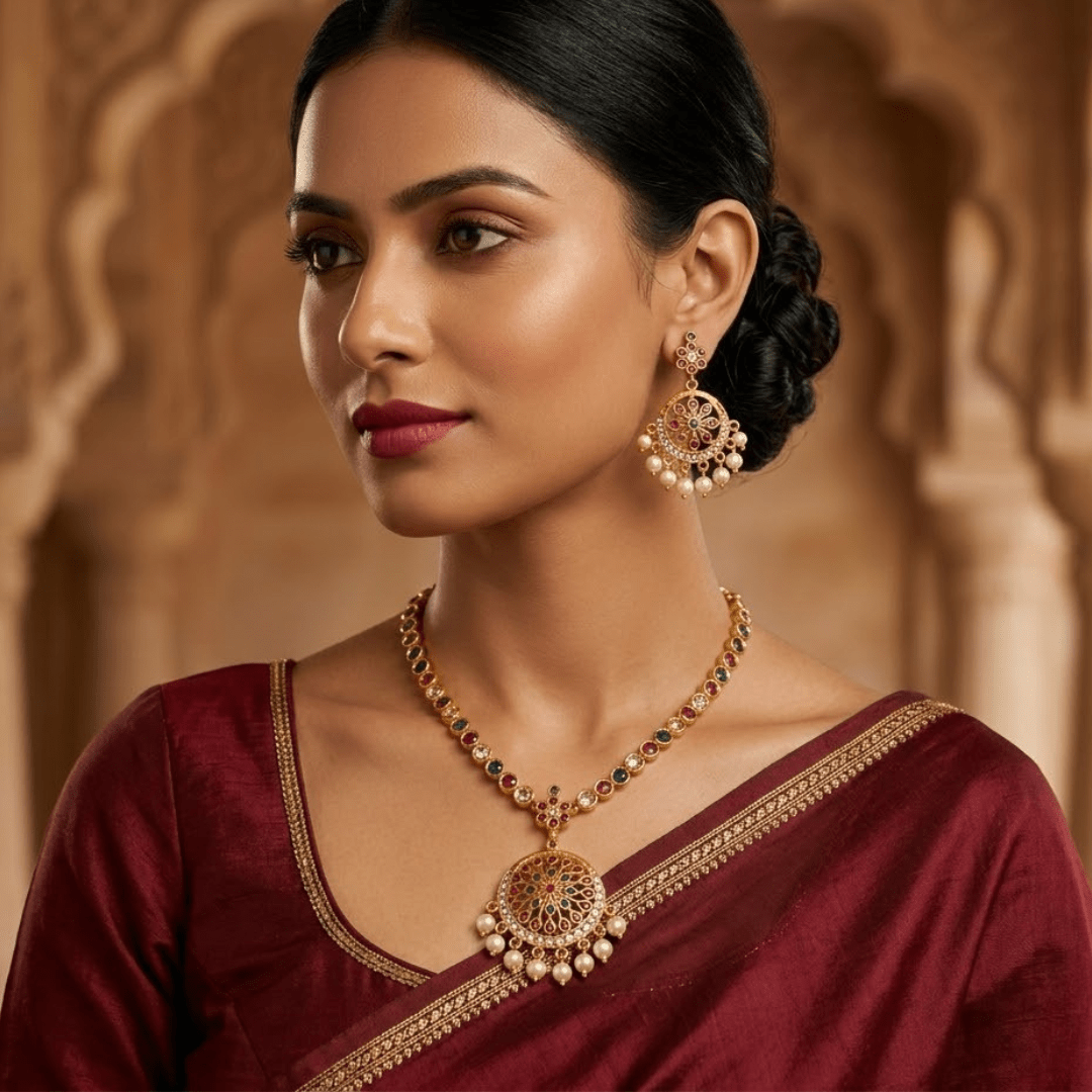 Rajwadi Peacock Traditional Temple Necklace Earrings Set–Gold Plated South Indian Bridal Jewellery - The Soul Jewellery