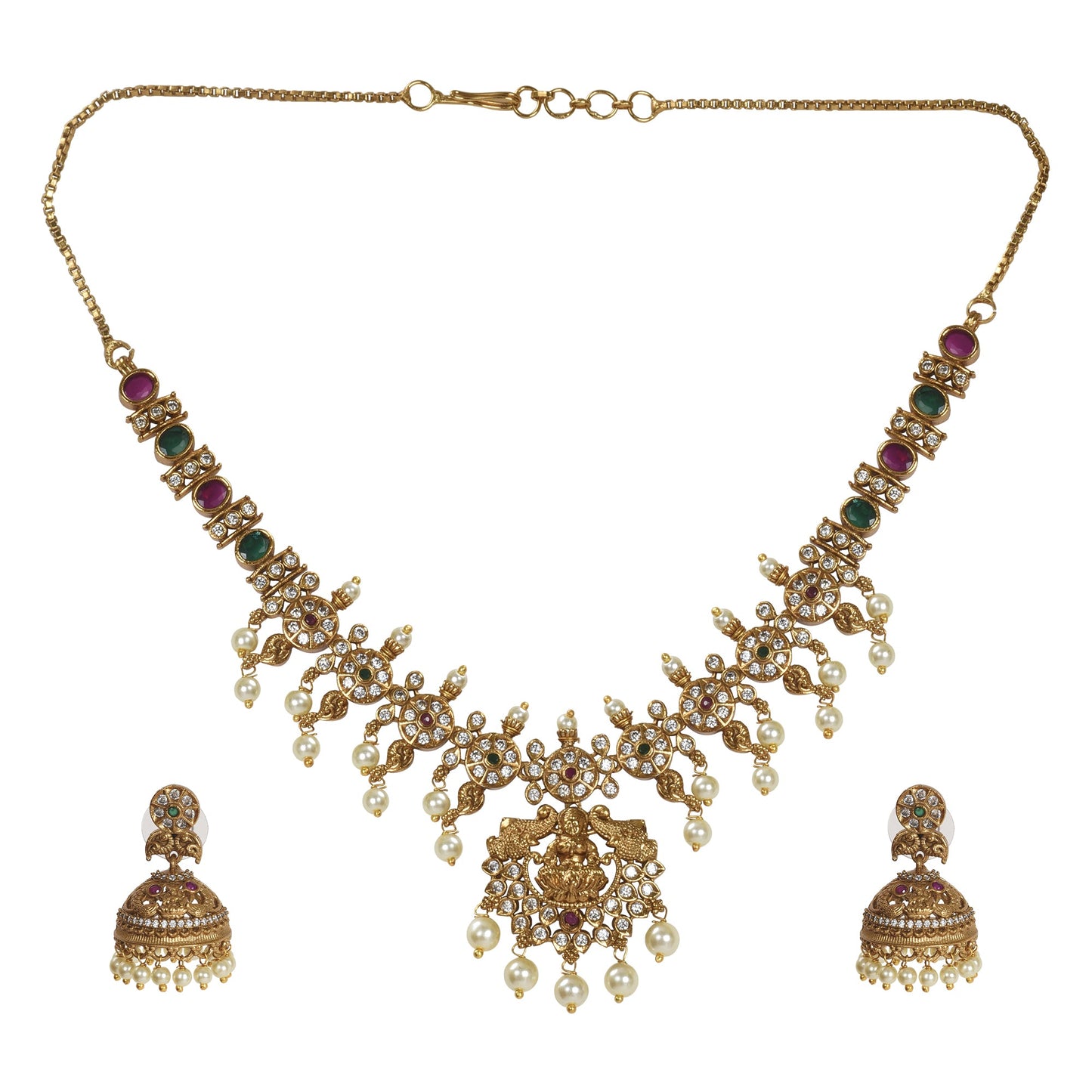 Amrita 22K Antique Matte Gold Plated Short Necklace Set with Lakshmi Devi Motif - The Soul Jewellery