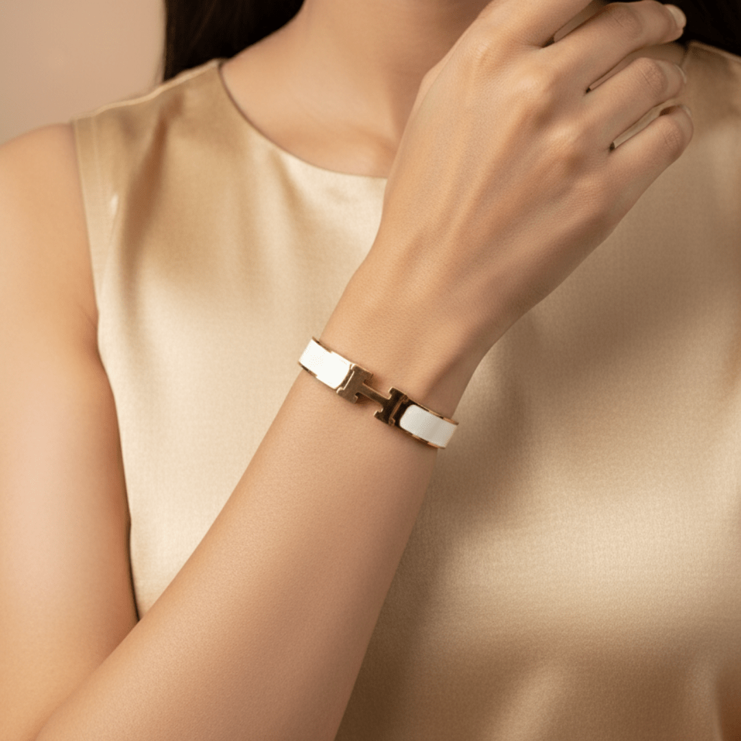 AuraLuxe Harmony 6™ Demi - Fine H Bracelet | 18K Gold Plated Anti - Tarnish Stainless Steel White Enamel Cuff for Women - The Soul Jewellery