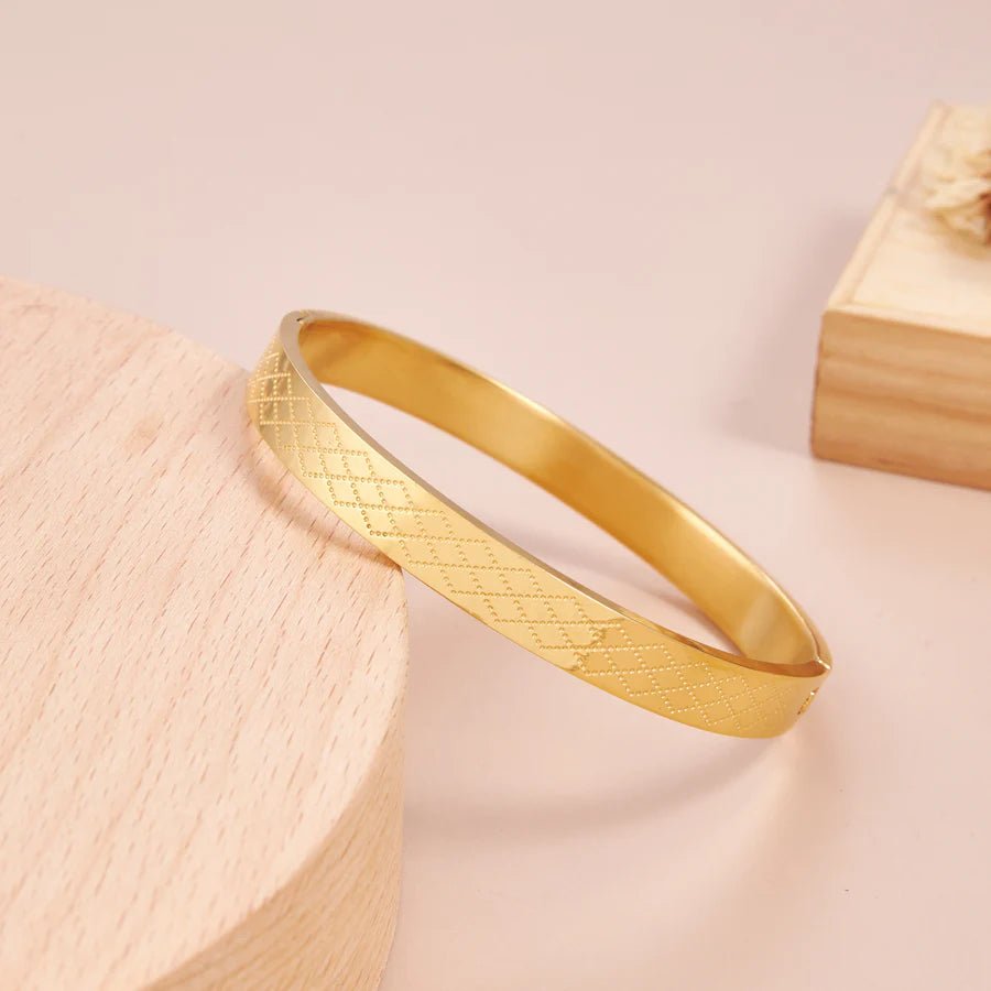 Demi-Fine Crossline Dot Pattern Gold-Plated Bracelet for Men | Ant tarnish Stainless Steel Bangle - The Soul Jewellery