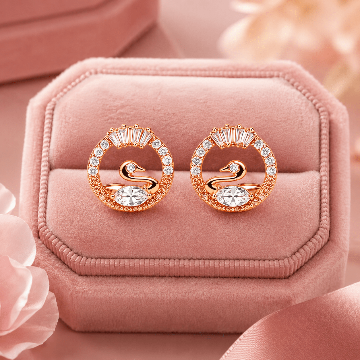 Rose Gold Swan Crystal Stud Earrings for Women – Sparkling Circular Demi Fine Earrings - Soul Jewellery