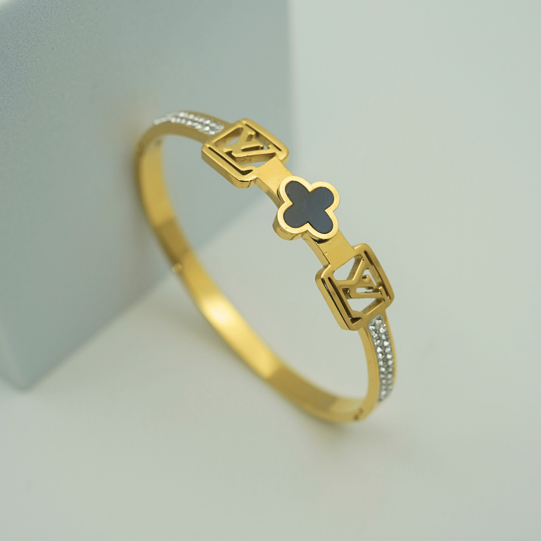 18K Gold - Plated Anti - Tarnish Bangle with Black Clover Design and Sparkling Crystal Highlights RGB355 - The Soul Jewellery