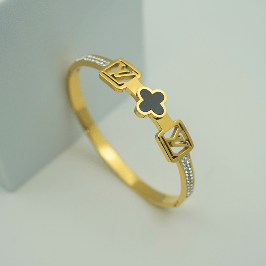 18K Gold - Plated Anti - Tarnish Bangle with Black Clover Design and Sparkling Crystal Highlights RGB355 - The Soul Jewellery