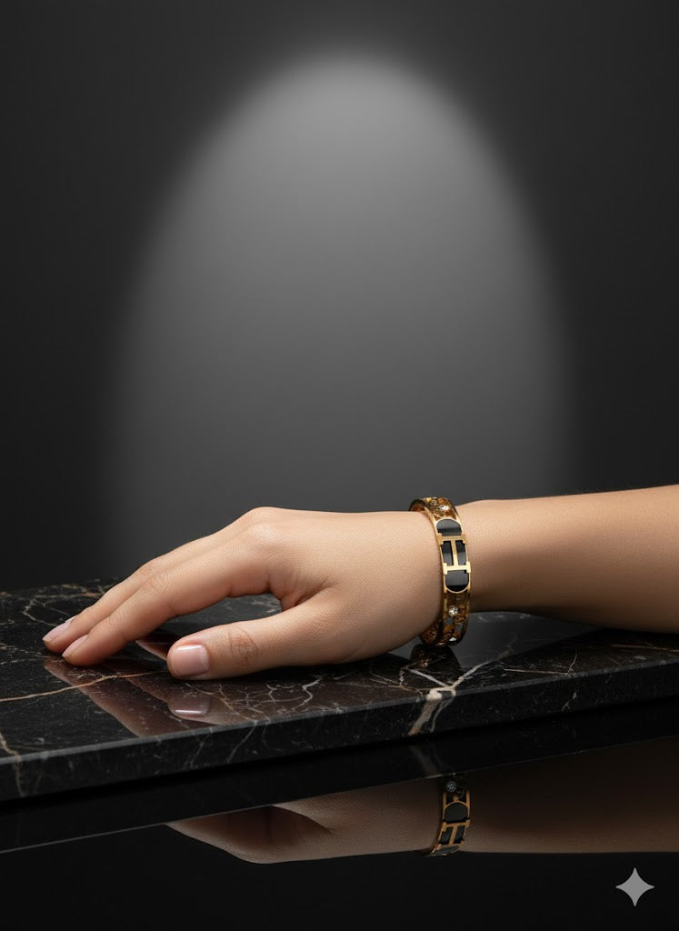 Hermes Engraved 18K Gold Plated Initial Bangle with Black Enamel and Crystal Details – Sophisticated and Stylish RGB288