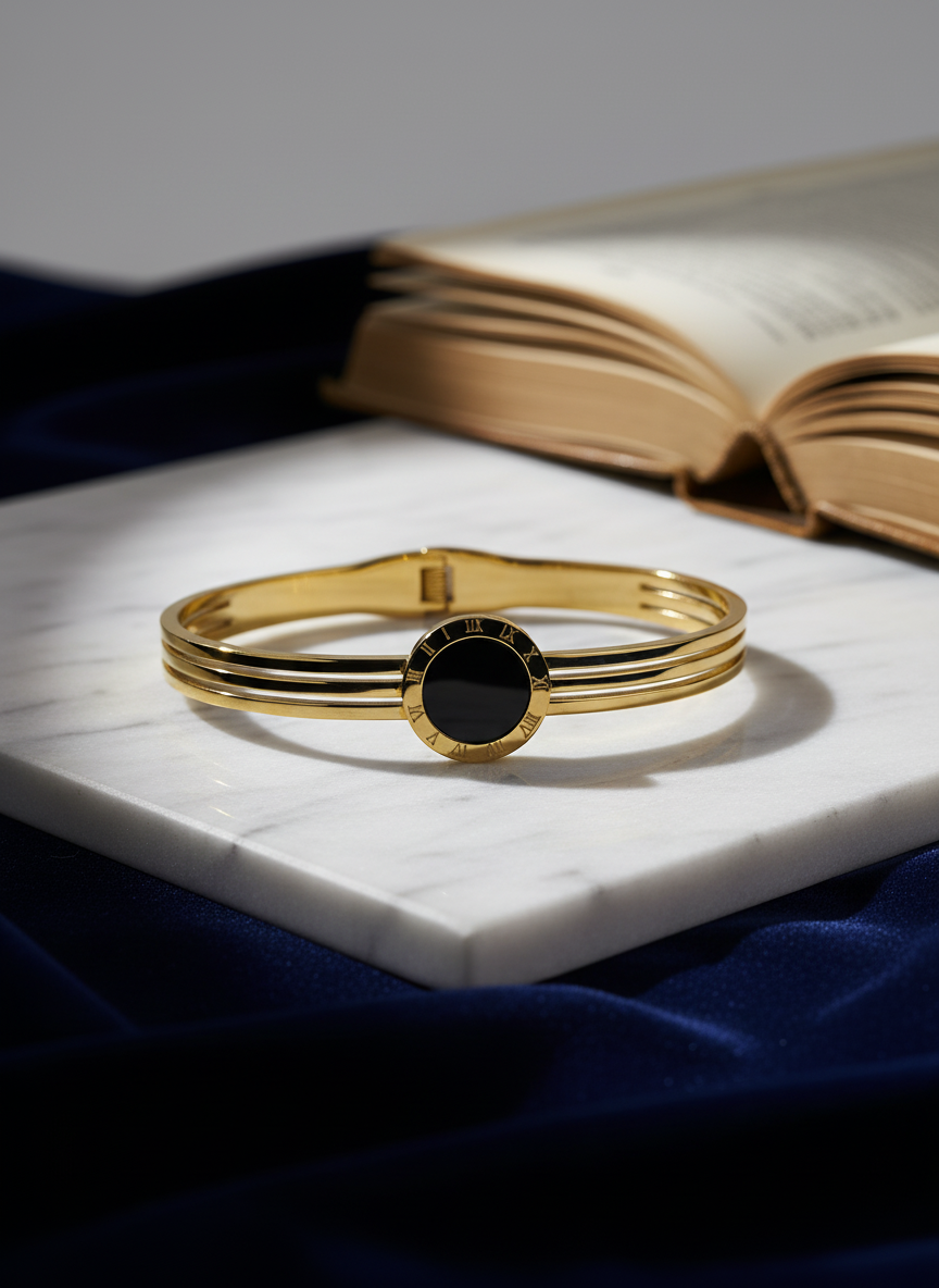 8K Gold Plated Anti-Tarnish Black Enamel Roman Numeral Bangle for Women – Sleek Statement Bracelet for Daily Wear RGB489
