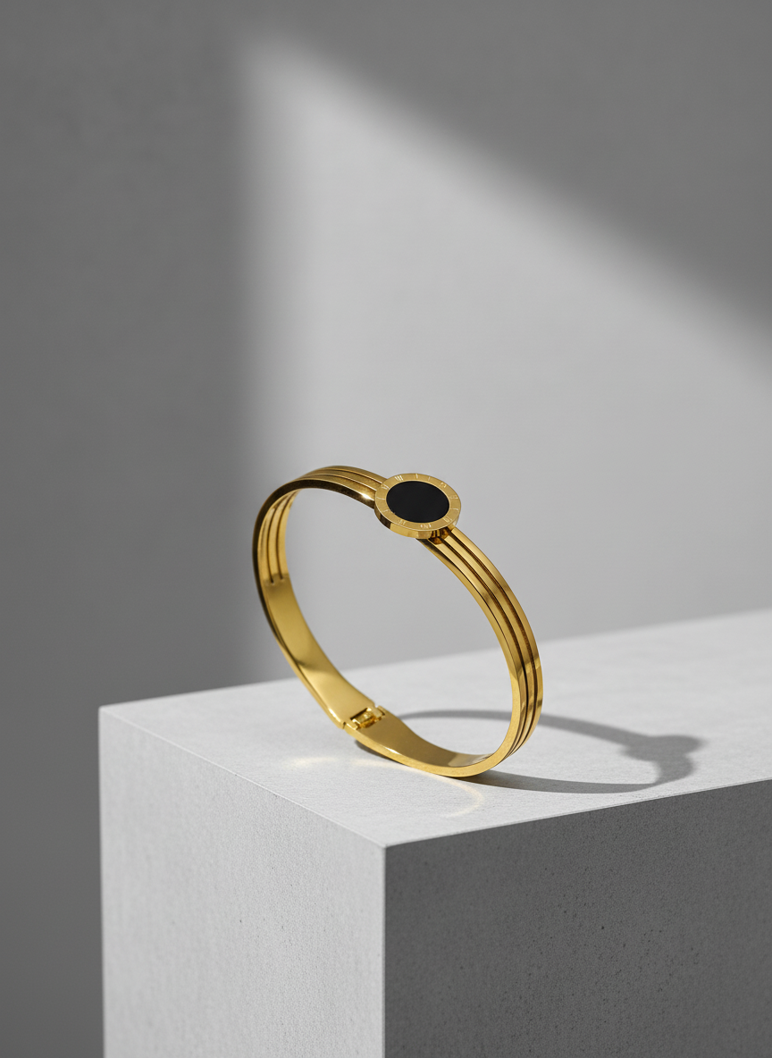 8K Gold Plated Anti-Tarnish Black Enamel Roman Numeral Bangle for Women – Sleek Statement Bracelet for Daily Wear RGB489