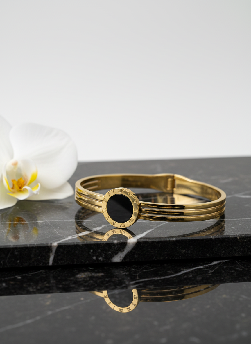 8K Gold Plated Anti-Tarnish Black Enamel Roman Numeral Bangle for Women – Sleek Statement Bracelet for Daily Wear RGB489
