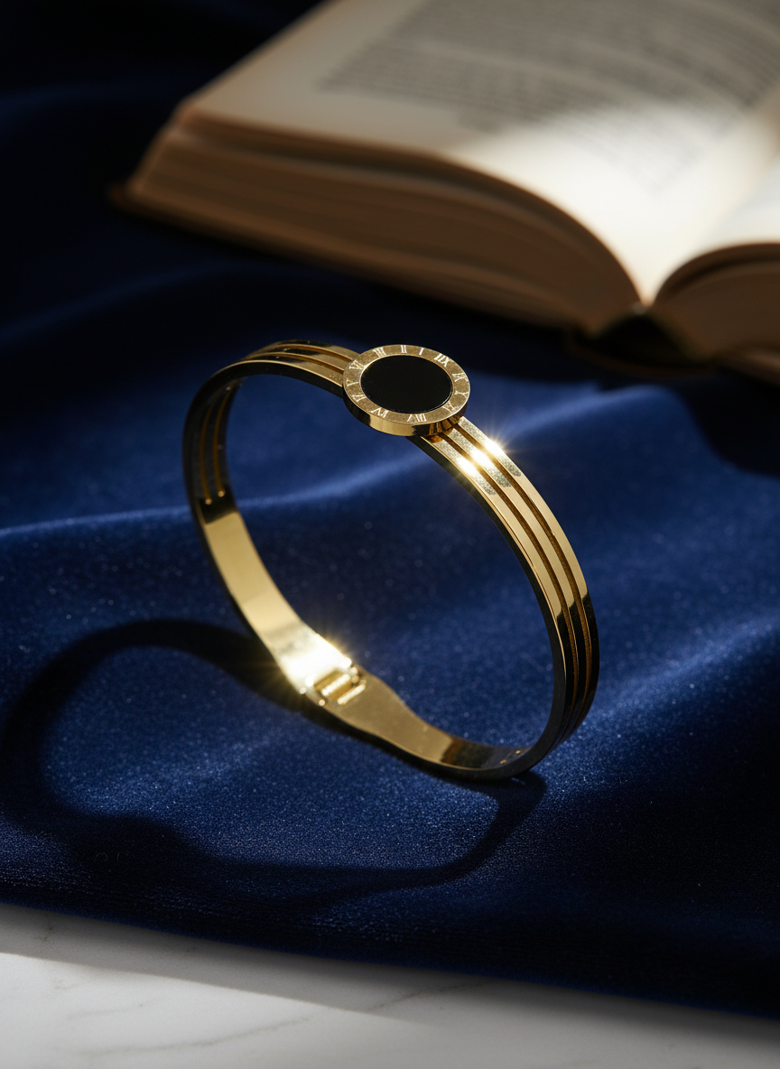 8K Gold Plated Anti-Tarnish Black Enamel Roman Numeral Bangle for Women – Sleek Statement Bracelet for Daily Wear RGB489