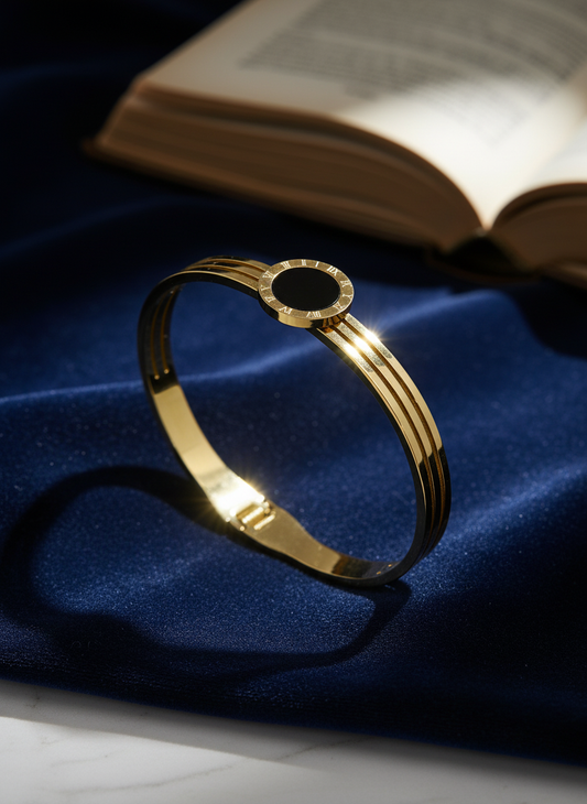 8K Gold Plated Anti-Tarnish Black Enamel Roman Numeral Bangle for Women – Sleek Statement Bracelet for Daily Wear RGB489